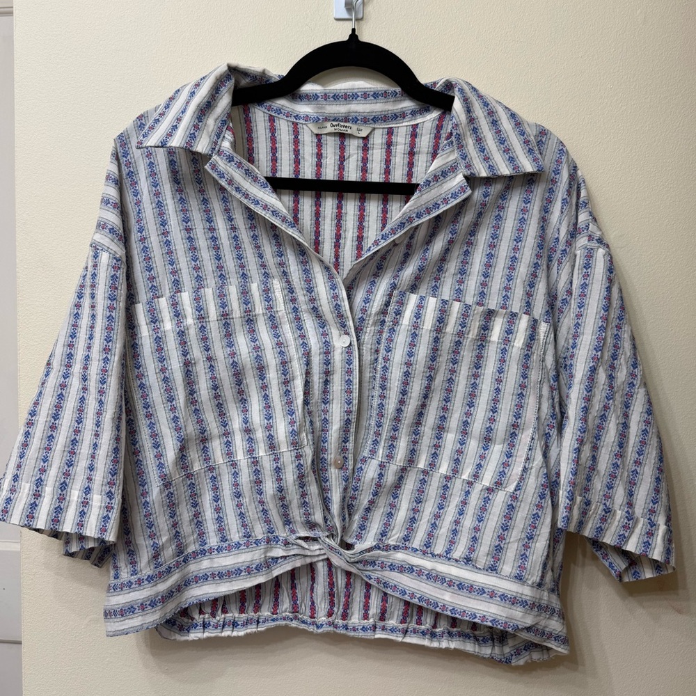 Casual Striped Button-Down Shirt with Front Tie - Blue/White